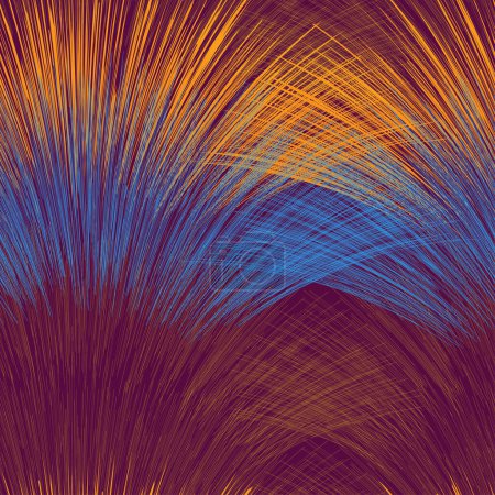 Ilustración de Patrón vívido sin costuras con filas de elementos de abanico de rayas grunge en colores naranja, amarillo, azul sobre fondo púrpura para el diseño web - Imagen libre de derechos