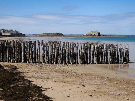 Sillon beach of Saint Malo and its oak pile breakwaters. We can see Fort National in the distance. Saint-Malo is a French commune located in Brittany, in the department of Ille-et-Vilaine,on the north coast of Brittany