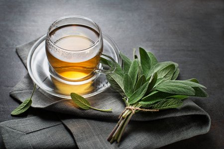 Photo for Sage tea in glass mug and sage leaves on grey table close up - Royalty Free Image