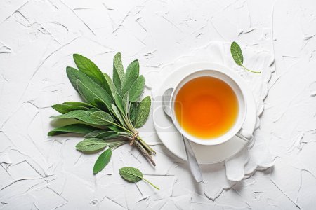 Photo for Sage tea in white cup and sage leaves on white table close up - Royalty Free Image