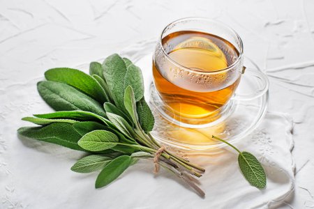 Téléchargez les photos : Tasse à thé Sage et feuilles de sauge sur table blanche close up - en image libre de droit