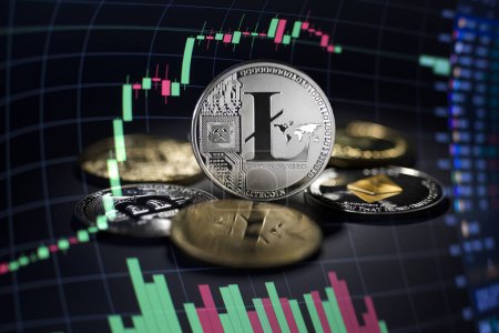 Téléchargez les photos : Litecoin cryptocurrency investing concept with graph. Bitcoin and Litecoin cryptocurrency coins symbol. Trading on the cryptocurrency exchange. Trends in litecoin and bitcoin exchange rates. Rise and fall chart of litecoin and bitcoin. - en image libre de droit