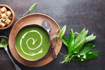 Photo for Fresh ramson or wild garlic soup on dark background. Healthy spring food concept - Royalty Free Image