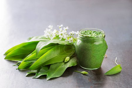 Photo for Fresh ramson or wild garlic pesto in glass jar close up. Healthy spring food concept - Royalty Free Image