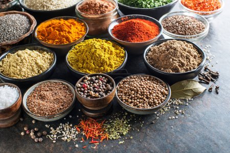 Photo for Colorful herbs and spices for cooking dishes. Indian and Asian spices On grey stone background closeup - Royalty Free Image