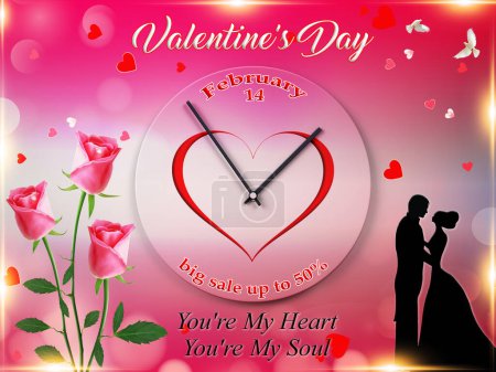 Téléchargez les photos : Valentine's day sale, social media horizontal banner with silhouette of lovers and clock with heart - en image libre de droit