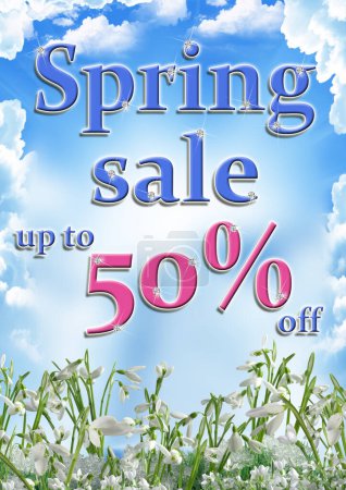 Foto de 50% off spring sale vertical banner on blue blurred background with beautiful bokeh flowers and snowdrops, big readable text for social media and web - Imagen libre de derechos