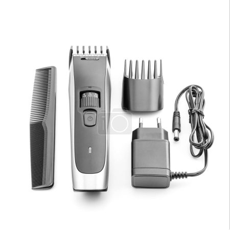 rechargeable hair and beard trimming kit, close-up, top view, isolated on white background