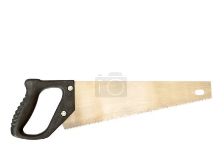 Téléchargez les photos : Scie à main ou scie à métaux pour bois avec une poignée en plastique noir sur fond blanc, gros plan, vue de dessus - en image libre de droit