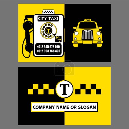 Téléchargez les photos : Chauffeur de taxi ou compagnie de taxi carte de visite personnalisée en jaune et noir avec téléphone rétro et voiture classique - en image libre de droit
