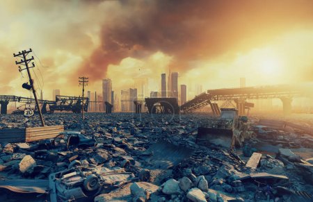Ruinen einer Stadt. apokalyptische Landschaft. 3D-Illustrationskonzept