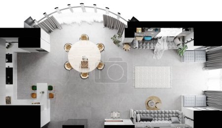 Photo for Modern interior of luxury private house. View of living room from above. 3d illustration - Royalty Free Image