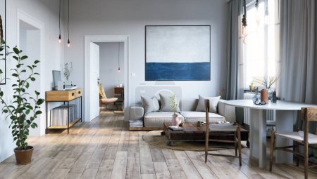 Foto de Moderno diseño interior de la sala de estar, muebles de madera, esquema de color neutro. Ilustración de diseño 3d - Imagen libre de derechos