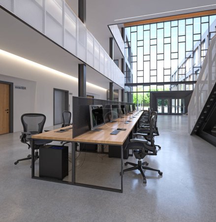 Foto de Oficina moderna con espacio abierto y grandes ventanas 3D Render - Imagen libre de derechos