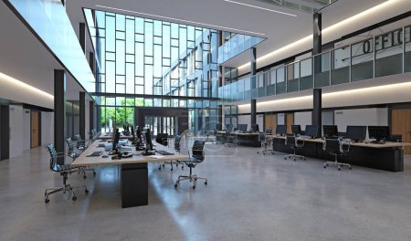 Foto de Oficina moderna con espacio abierto y grandes ventanales. Renderizado 3D - Imagen libre de derechos