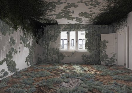 Foto de Habitación desordenada de una casa abandonada. concepto de renderizado 3d. - Imagen libre de derechos