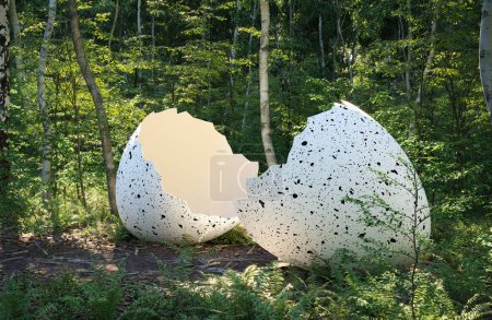 Foto de Huevo gigante en el bosque. 3d representación idea concepto creativo - Imagen libre de derechos