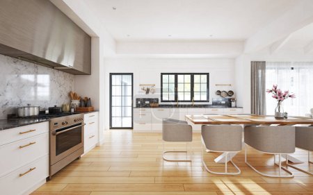 Foto de Salón moderno diseño de interiores, cocina blanca, esquema de color neutro. Representación de conceptos 3D - Imagen libre de derechos