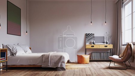 Foto de Interior de diseño de dormitorio moderno. concepto de renderizado 3d - Imagen libre de derechos