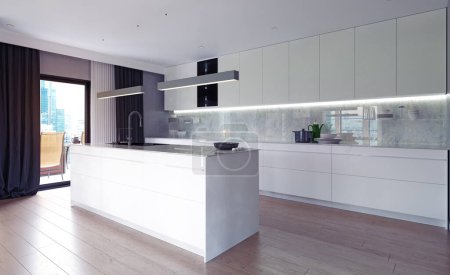 Photo for Modern kitchen design. 3d interior rendering - Royalty Free Image