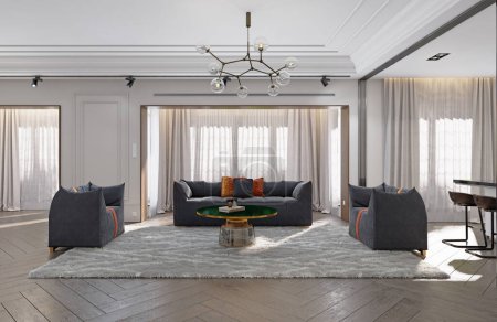Foto de Diseño interior moderno de la sala de estar, esquema de color neutro. Representación de conceptos 3D - Imagen libre de derechos