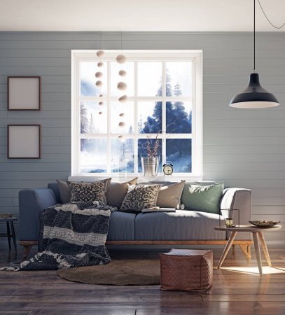 Téléchargez les photos : Comfortable sofa in scandinavian modern living room. 3d, rendering - en image libre de droit