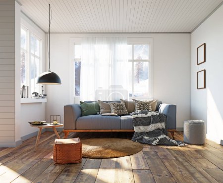 Téléchargez les photos : Comfortable sofa in scandinavian modern living room. 3d, rendering - en image libre de droit