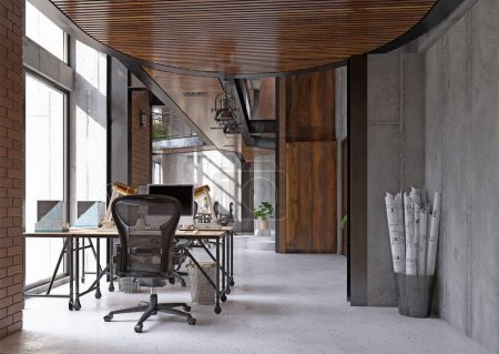 Foto de Modern office . Loft style . 3D Render - Imagen libre de derechos