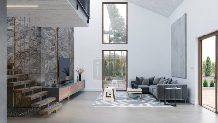 Téléchargez les photos : Illustration 3D d'un intérieur de maison moderne. conception de rendu - en image libre de droit