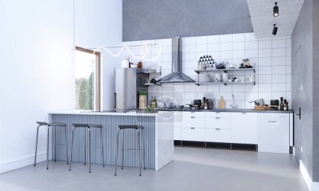 Photo for 3D illustration of a black and white Scandinavian style kitchen. - Royalty Free Image