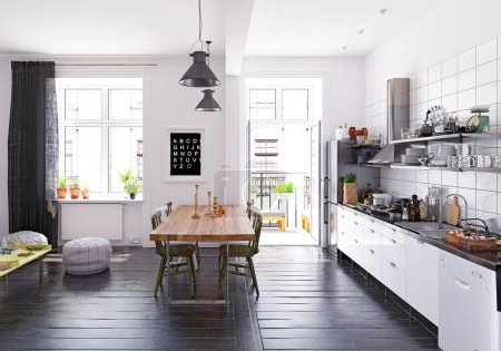 Téléchargez les photos : Illustration 3D d'un appartement moderne cuisine intérieur. - en image libre de droit
