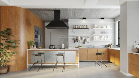 Foto de Ilustración 3D de un apartamento moderno interior de cocina. - Imagen libre de derechos