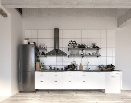 Foto de Ilustración 3D de un apartamento moderno interior de cocina. - Imagen libre de derechos