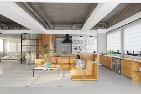 Foto de Ilustración 3D de un moderno apartamento loft interior. - Imagen libre de derechos