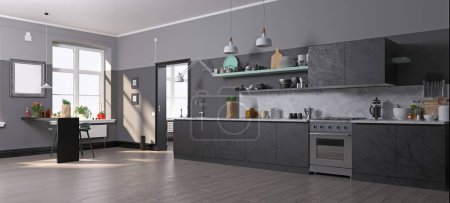 Foto de Cocina moderna interior 3d diseño de renderizado - Imagen libre de derechos