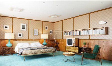 Foto de Interior del dormitorio retro. concepto de diseño 3d - Imagen libre de derechos