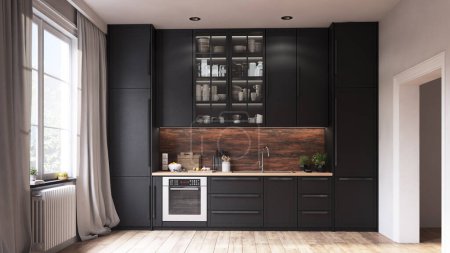 Téléchargez les photos : Intérieur de la cuisine noire. Conception de rendu 3d - en image libre de droit