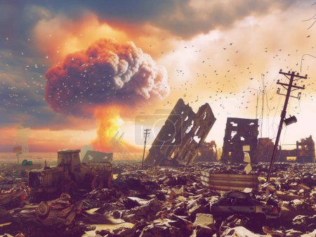 Photo for Nuclear explosion at the horizont. Ruined megapolis. 3D rendering - Royalty Free Image