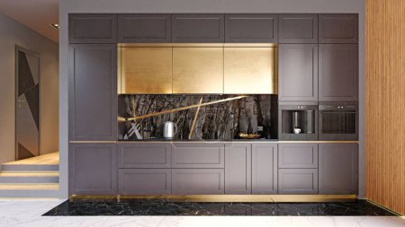 Foto de Moderno interior de la cocina oscura. renderizado 3d - Imagen libre de derechos