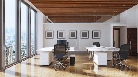 Foto de Ilustración 3D del espacio de oficina. Interior de moda en colores claros. - Imagen libre de derechos