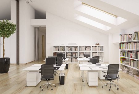 Foto de 3D interior de espacio interior de oficina abierta brillante. Render of concept design render - Imagen libre de derechos