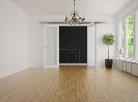 Téléchargez les photos : Chambre vide avec grande fenêtre Plancher en bois et mur dans un intérieur moderne. rendu 3D. - en image libre de droit