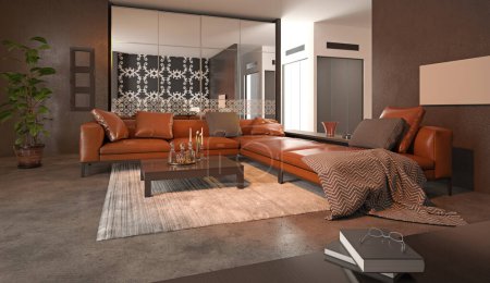 Téléchargez les photos : Illustration 3D d'un intérieur d'appartement moderne. - en image libre de droit