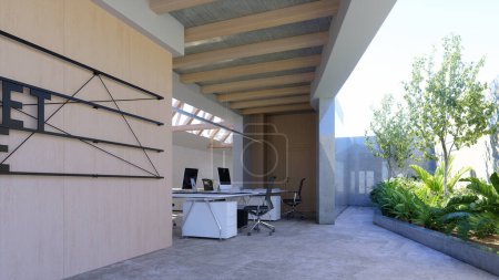 Téléchargez les photos : Intérieur 3D d'un espace intérieur de bureau ouvert lumineux. Expéditeur de concept design - en image libre de droit