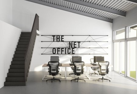 Foto de 3D interior de espacio interior de oficina abierta brillante. Renderizado del diseño conceptual - Imagen libre de derechos