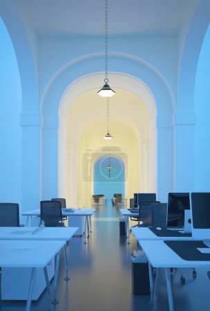 Téléchargez les photos : Intérieur du bureau avec murs bleus et arche. rendu 3D. - en image libre de droit
