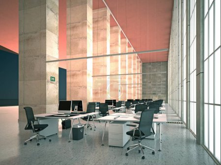 Téléchargez les photos : Intérieur du hall de bureau moderne avec sol en béton, fenêtre panoramique et lumière du jour. Rendu 3D - en image libre de droit