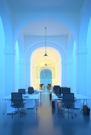Téléchargez les photos : Intérieur du bureau avec murs bleus et arche. rendu 3D. - en image libre de droit