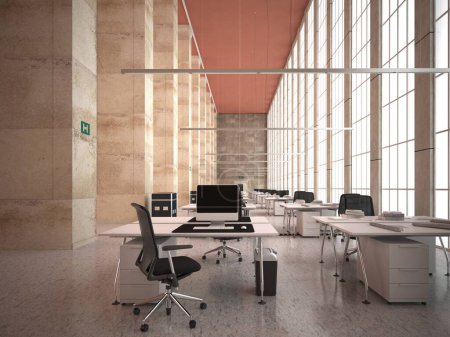 Téléchargez les photos : Intérieur du hall de bureau moderne avec sol en béton, fenêtre panoramique et lumière du jour. Rendu 3D - en image libre de droit