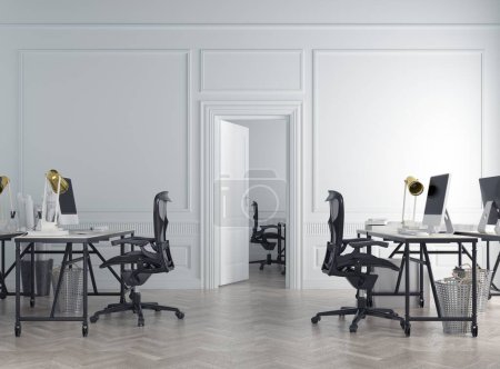 Foto de Moderno interior de oficina de lujo con paredes blancas, suelo de madera, filas de mesas de ordenador y sillas. maqueta de representación 3d - Imagen libre de derechos